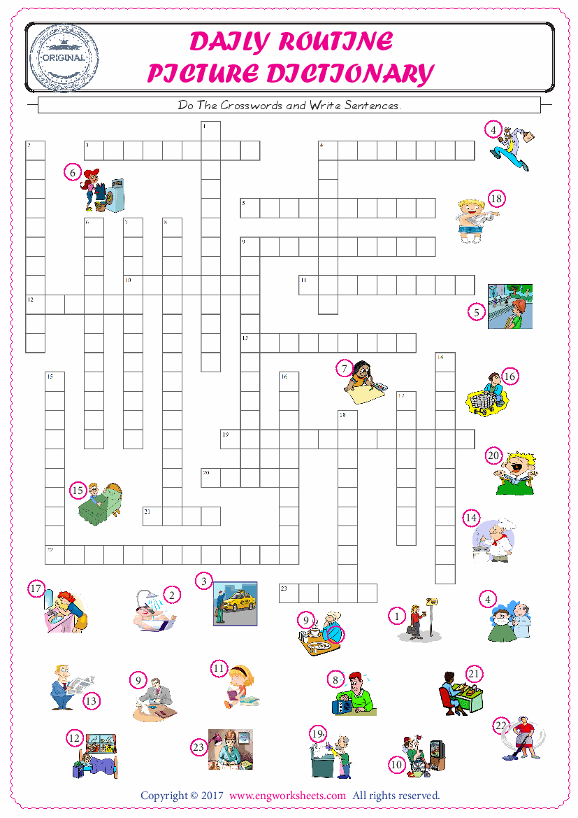  ESL printable worksheet for kids, supply the missing words of the crossword by using the Daily Routine picture. 